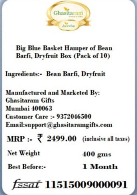 Ghasitaram Gifts Diwali Hampers Big Blue Basket Hamper Of Bean Barfi, Dryfruit Box (Pack 10)|Gift Hamper| Gift Hamper|Food Hampers|Gourmet Hampers|