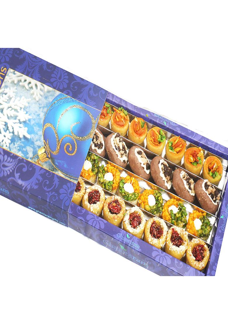 Ghasitaram Gifts Diwali Sweets Assorted Box Of Anjeer Basket,Kesar Pista Delight,Choco Boat & Almond Basket Hamper 800 Gms|Sweets|Sweets Gift Pack|Diwali Sweets|Indian Mithai|Diwali Box|