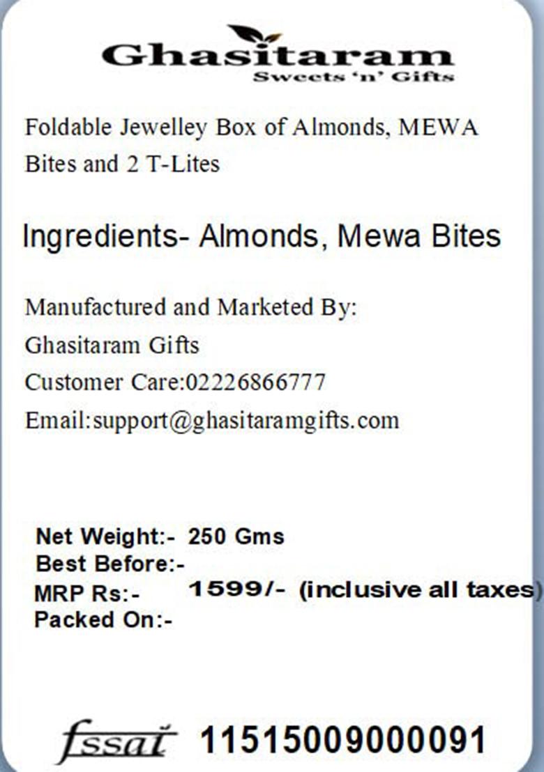 Ghasitaram Gifts Foldable Jewelley Box Of Almonds, Mewa Bites And 2 T-Lites |Gift Hamper|Diwali Gift Hamper|Food Hampers|Gourmet Hampers|