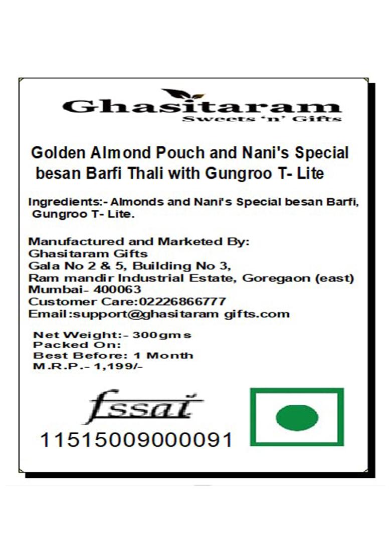 Ghasitaram Gifts Golden Almond Pouch And Nani'S Specila Besan Barfi Thali With Gungroo T- Lite|Gift Hamper| Diwali Gift Hamper|Food Hampers|Gourmet Hampers|