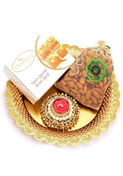 Ghasitaram Gifts Golden Almond Pouch And Nani'S Specila Besan Barfi Thali With Gungroo T- Lite|Gift Hamper| Diwali Gift Hamper|Food Hampers|Gourmet Hampers|