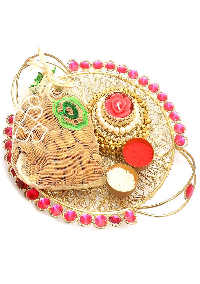 Ghasitaram Gifts Golden Mesh Pooja Thali With Gungroo T- Lite And Almonds Pouch|Gift Hamper|Diwali Gift Hamper|Food Hampers|Gourmet Hampers|