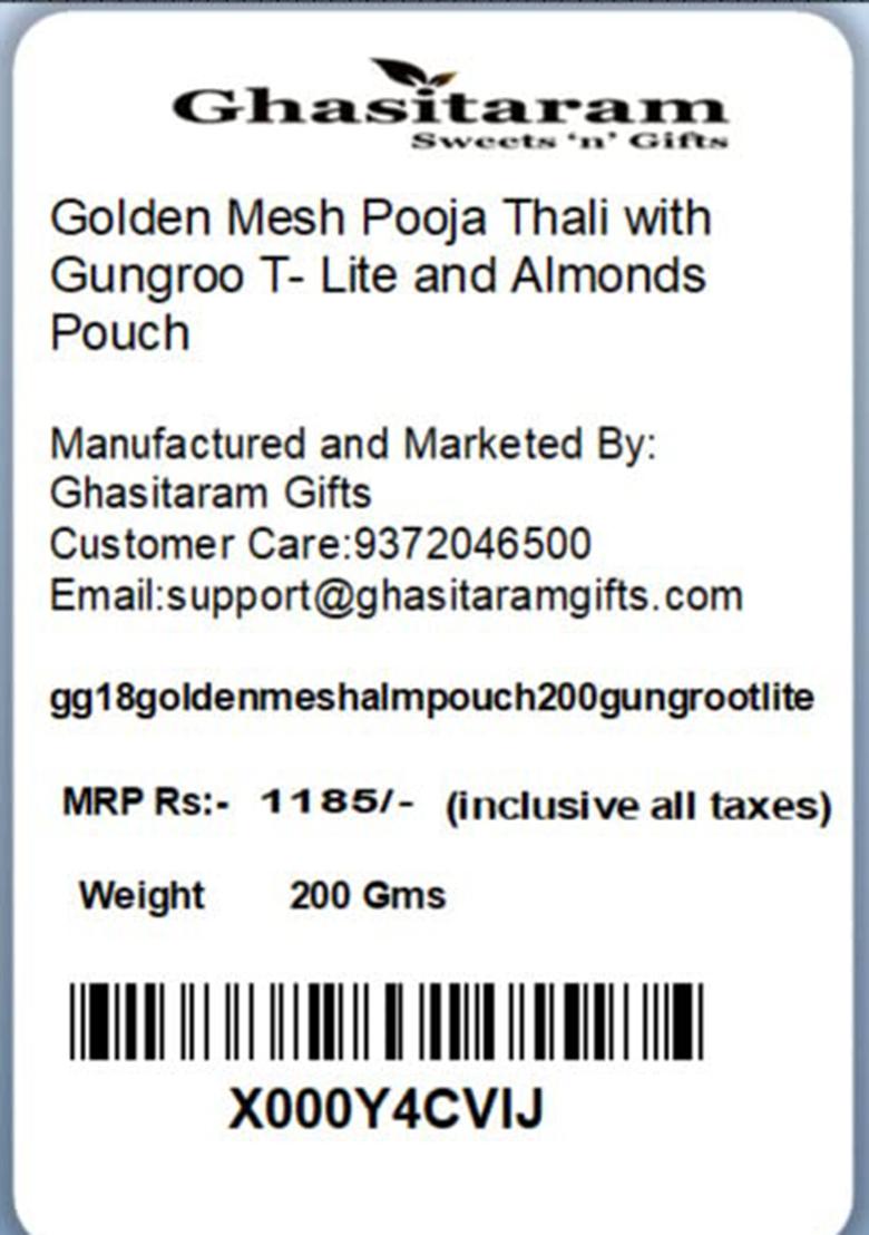 Ghasitaram Gifts Golden Mesh Pooja Thali With Gungroo T- Lite And Almonds Pouch|Gift Hamper|Diwali Gift Hamper|Food Hampers|Gourmet Hampers|