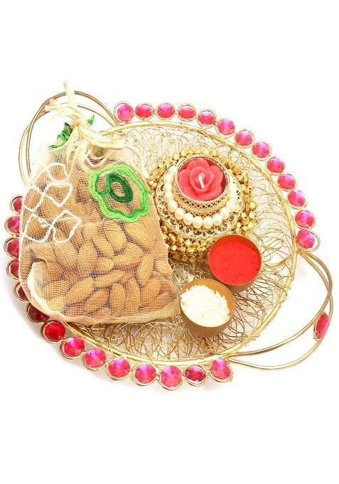 Ghasitaram Gifts Golden Mesh Pooja Thali With Gungroo T- Lite And Almonds Pouch|Gift Hamper|Diwali Gift Hamper|Food Hampers|Gourmet Hampers|