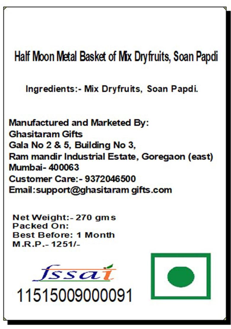 Ghasitaram Gifts Half Moon Metal Basket Of Mix Dryfruits, Soan Papdi |Dry Fruit Combo Pack Offer|Dry Gift Pack|Dry Box|Diwali Dry Box|