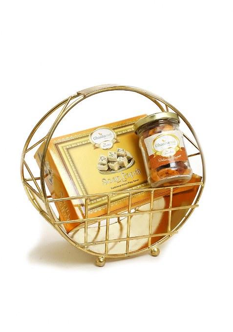 Ghasitaram Gifts Half Moon Metal Basket Of Mix Dryfruits, Soan Papdi |Dry Fruit Combo Pack Offer|Dry Gift Pack|Dry Box|Diwali Dry Box|