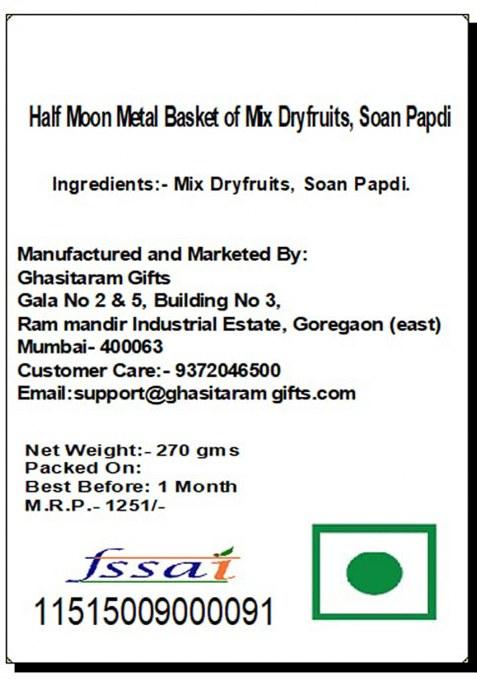 Ghasitaram Gifts Half Moon Metal Basket Of Mix Dryfruits, Soan Papdi |Dry Fruit Combo Pack Offer|Dry Gift Pack|Dry Box|Diwali Dry Box|