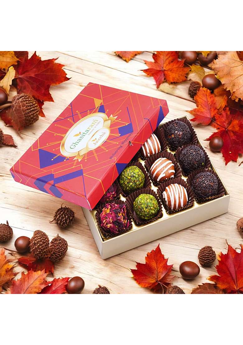 Jaiccha Ghasitaram Gifts Assorted Fancy Dryfruit Laddoos 12 Pcs In Premium Box|Sweets|Sweets Gift Pack|Diwali Sweets|Indian Mithai|Diwali Sweets Box| - Indya