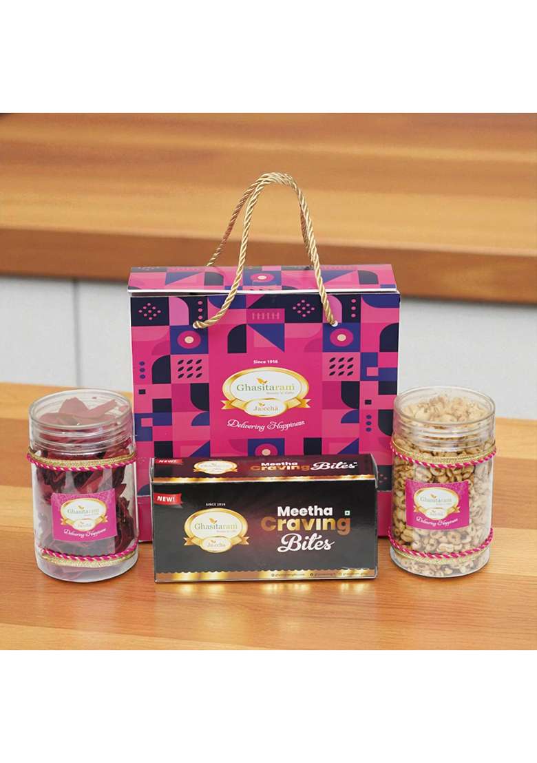 Jaiccha Ghasitaram Gifts Bag Gift Box With Bites, Namkeen|Gift Hamper|Diwali Hamper|Food Hampers|Gourmet Hampers| - Indya
