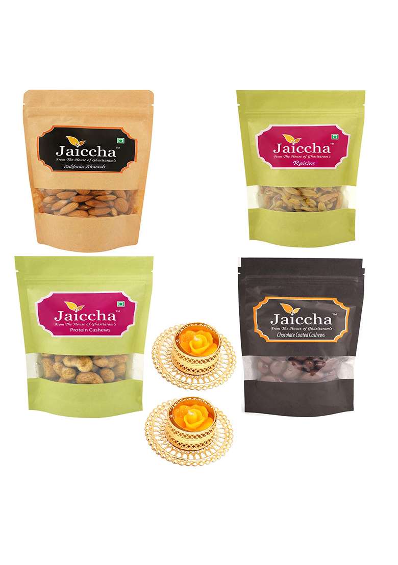 Jaiccha Ghasitaram Gifts Best Of Almonds,Rasins,Crunchy Cashews,Chocolate Coated Almonds With 2 T-Lites|Dry Fruit Combo Pack Offer|Dry Gift Pack|Dry Box|Diwali Dry Box|Mix Nut| - Indya