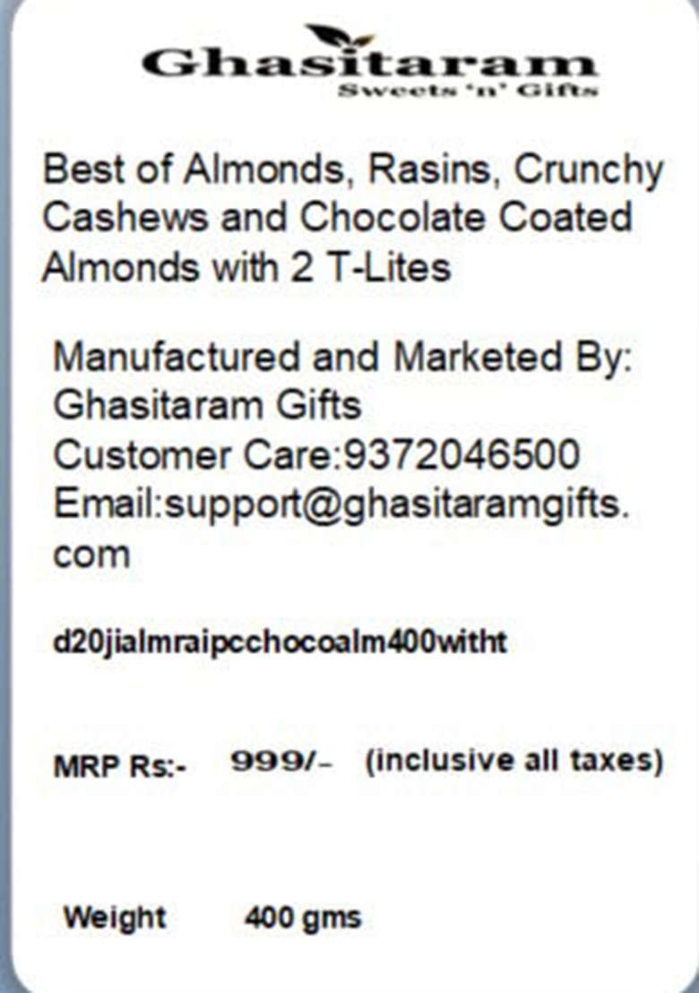 Jaiccha Ghasitaram Gifts Best Of Almonds,Rasins,Crunchy Cashews,Chocolate Coated Almonds With 2 T-Lites|Dry Fruit Combo Pack Offer|Dry Gift Pack|Dry Box|Diwali Dry Box|Mix Nut| - Indya