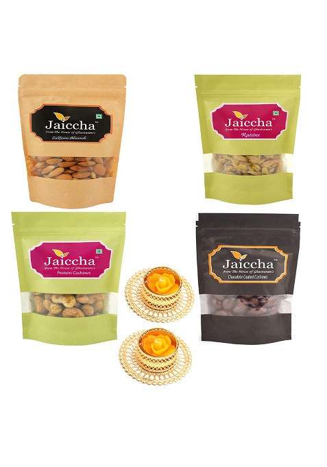Jaiccha Ghasitaram Gifts Best Of Almonds,Rasins,Crunchy Cashews,Chocolate Coated Almonds With 2 T-Lites|Dry Fruit Combo Pack Offer|Dry Gift Pack|Dry Box|Diwali Dry Box|Mix Nut|