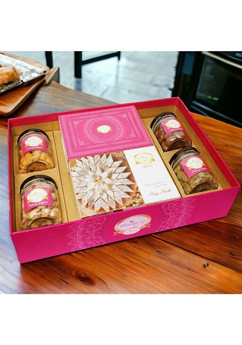 Jaiccha Ghasitaram Gifts Big Hamper Tray Of Kaju Katlis, Milk Cake, Crunchy Cashew,Flavour Raisins, Choco Almonds, And Pistachios| Gift Hamper| Diwali Hamper|Food Hampers|Gourmet Hampers|
