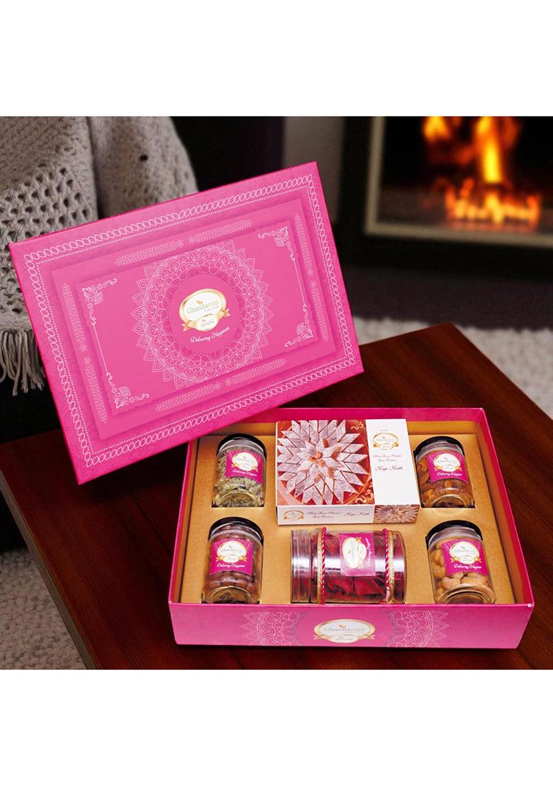 Jaiccha Ghasitaram Gifts Big Pink Hamper Box Of Kaju Katlis, Namkeen And Dryfruit- Phb-3|Gift Hamper|Diwali Gift Hamper|Food Hampers|Gourmet Hampers|