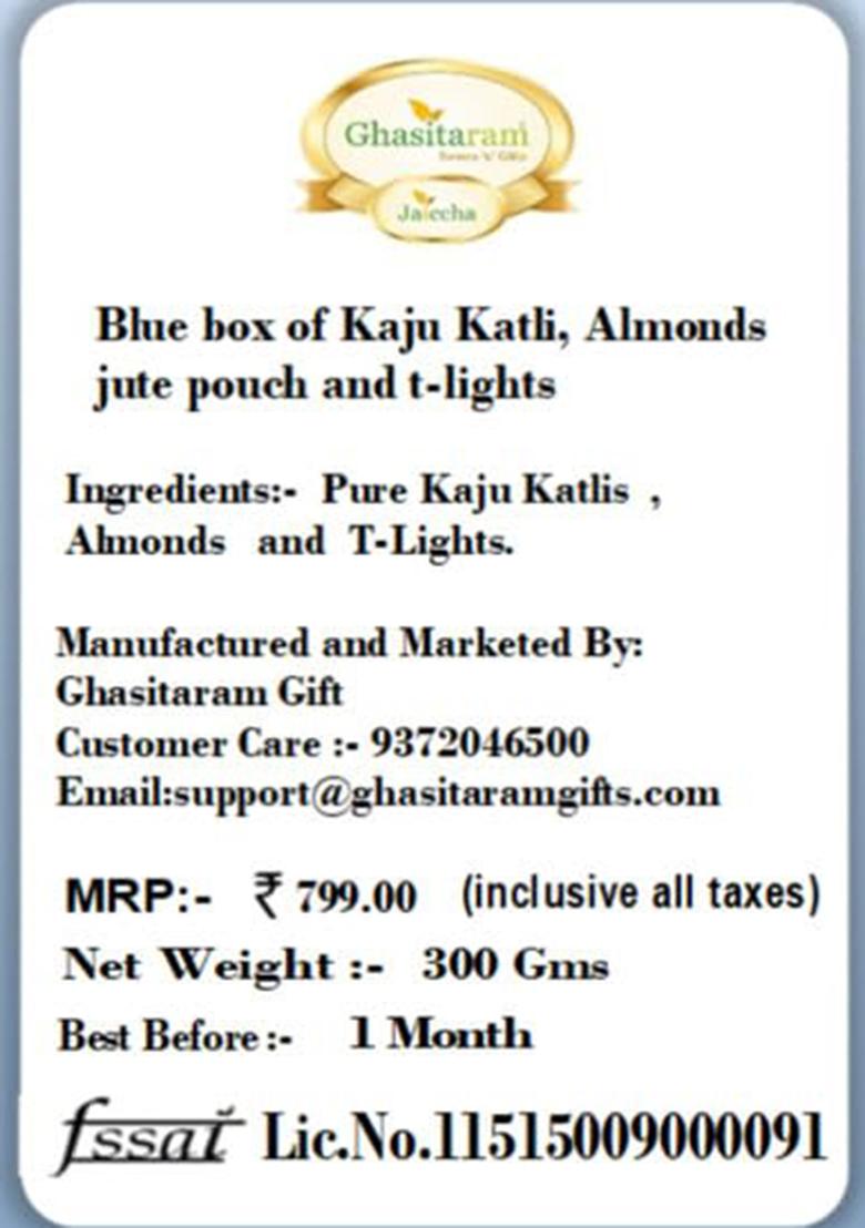 Jaiccha Ghasitaram Gifts Blue Box Of Kaju Katli, Almonds Jute Pouch And T-Lights |Gift Hamper|Diwali Gift Hamper|Food Hampers|Gourmet Hampers|