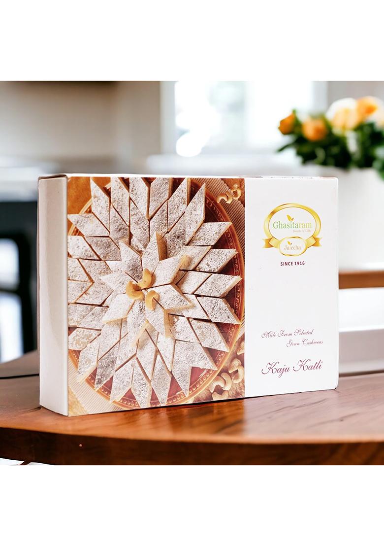 Jaiccha Ghasitaram Gifts Blue Box Of Kaju Katli, Almonds Jute Pouch And T-Lights |Gift Hamper|Diwali Gift Hamper|Food Hampers|Gourmet Hampers|