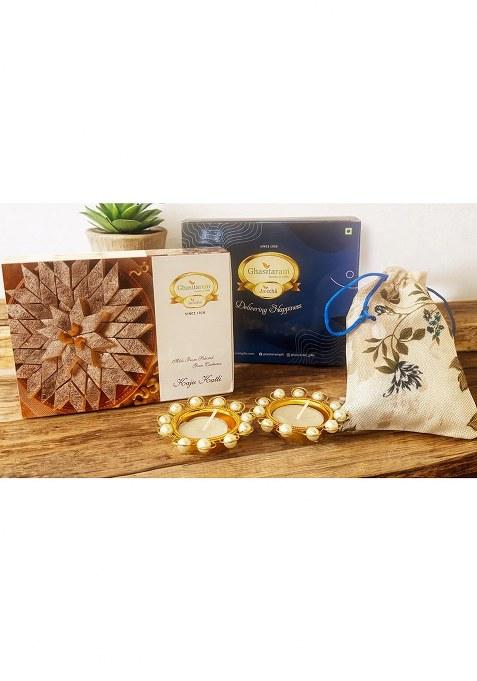 Jaiccha Ghasitaram Gifts Blue Box Of Kaju Katli, Almonds Jute Pouch And T-Lights |Gift Hamper|Diwali Gift Hamper|Food Hampers|Gourmet Hampers|