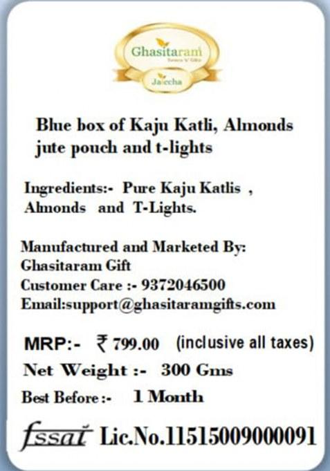 Jaiccha Ghasitaram Gifts Blue Box Of Kaju Katli, Almonds Jute Pouch And T-Lights |Gift Hamper|Diwali Gift Hamper|Food Hampers|Gourmet Hampers|