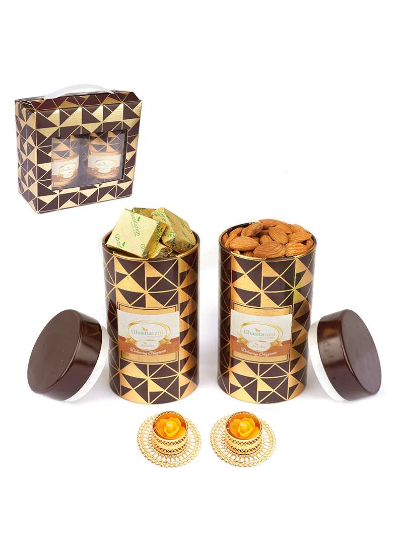 Jaiccha Ghasitaram Gifts Box 2 Tin Jars Of Almonds And Mewa Bites With T-Lites|Dryfruit Gift Hamper|Dry Fruit Combo Pack Offer|Dry Pack|Dry Box|Diwali Dry Box|Mix Nut| - Indya