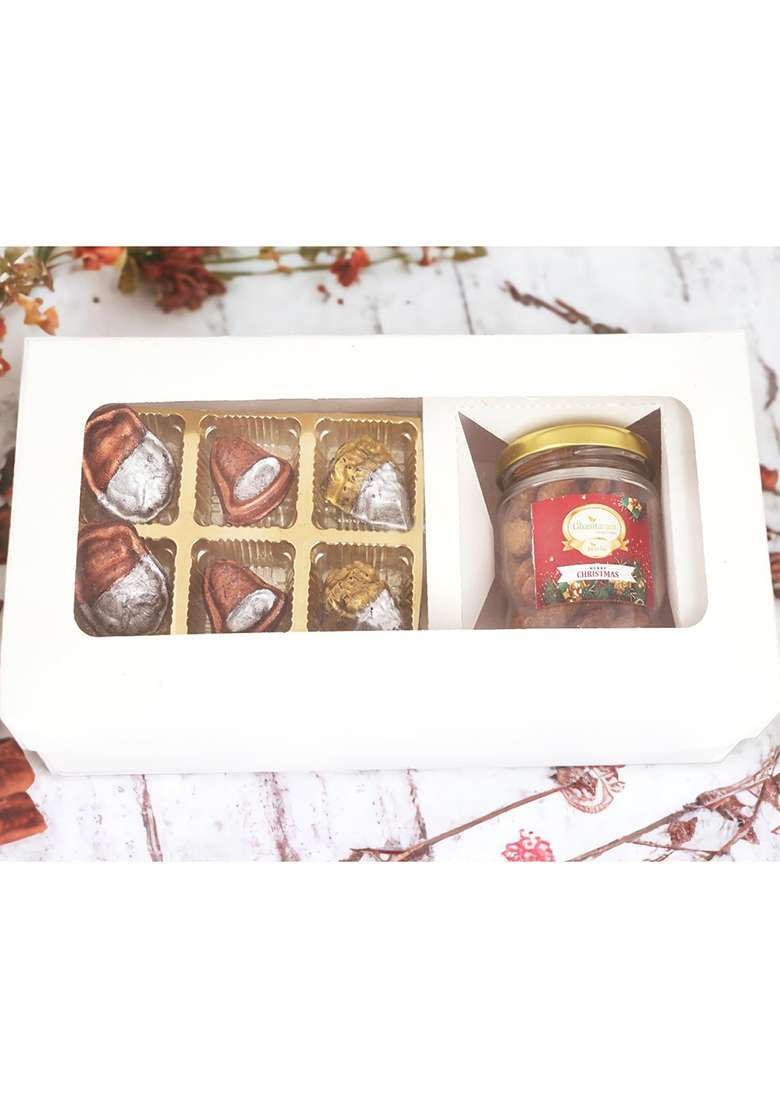 Jaiccha Ghasitaram Gifts Christmas White Hamper Box Small With Sheen Chocolates And Caramel Almond Jar - Indya
