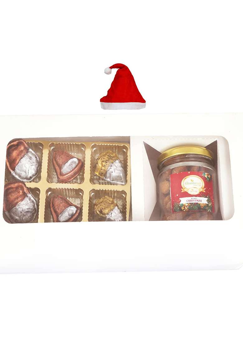 Jaiccha Ghasitaram Gifts Christmas White Hamper Box Small With Sheen Chocolates And Caramel Almond Jar - Indya