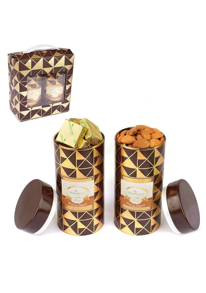 Jaiccha Ghasitaram Gifts Diwali - Dryfruits Hamper-Box 2 Tin Jars Of Almonds And Mewa Bites|Dryfruit Gift Hamper|Dry Fruit Combo Pack Offer|Dry Pack|Dry Box|Diwali Dry Box|Mix Nut| - Indya