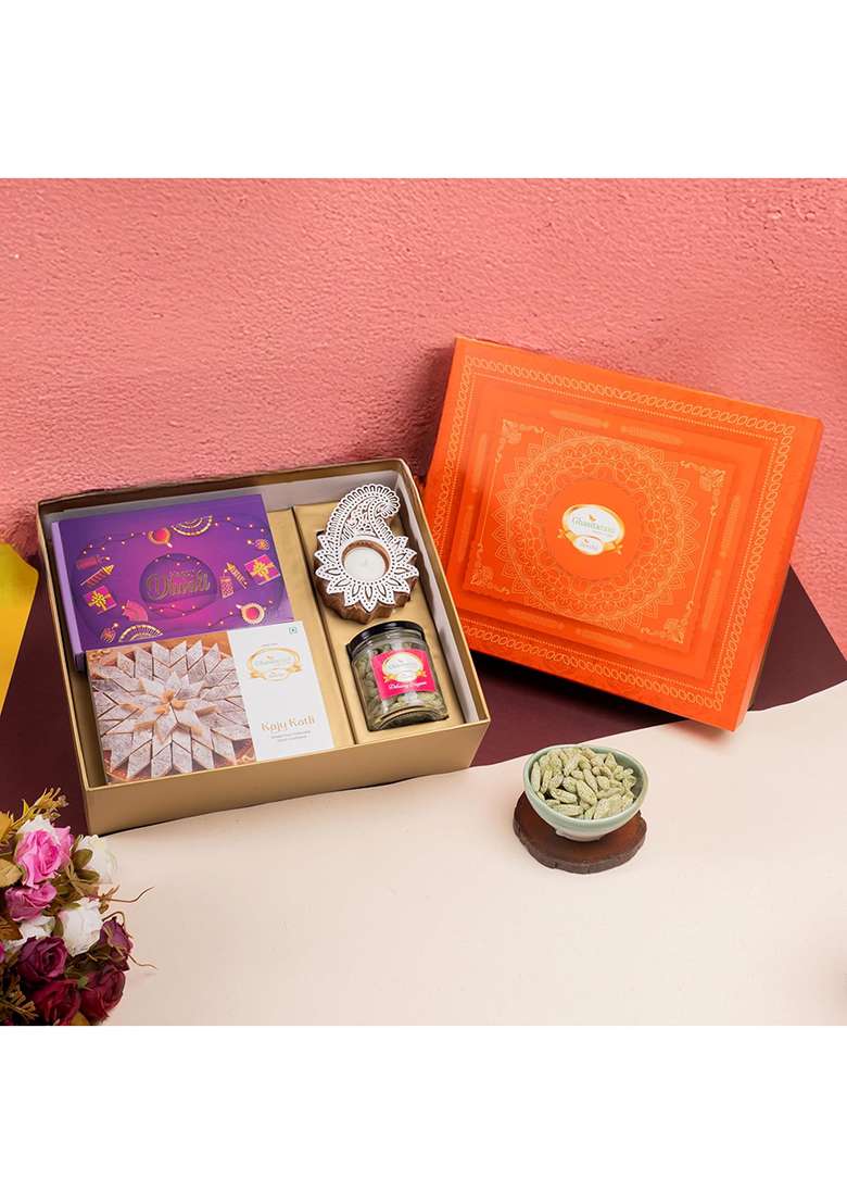 Jaiccha Ghasitaram Gifts Diwali Gift - Orange Hamper Box With Kaju Katli, Bites, Dry Fruits And T- Light|Gift Hamper|Diwali Hamper|Food Hampers|Gourmet Hampers| - Indya