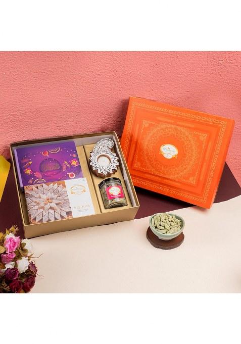 Jaiccha Ghasitaram Gifts Diwali Gift - Orange Hamper Box With Kaju Katli, Bites, Dry Fruits And T- Light|Gift Hamper|Diwali Hamper|Food Hampers|Gourmet Hampers|