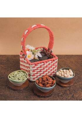 Jaiccha Ghasitaram Gifts Diwali Gift - Pink Woven Basket With Dryfruit Jars|Diwali Hamper|Dry Fruit Combo Pack Offer|Dry Pack|Dry Box|Diwali Dry Box|Mix Nut|