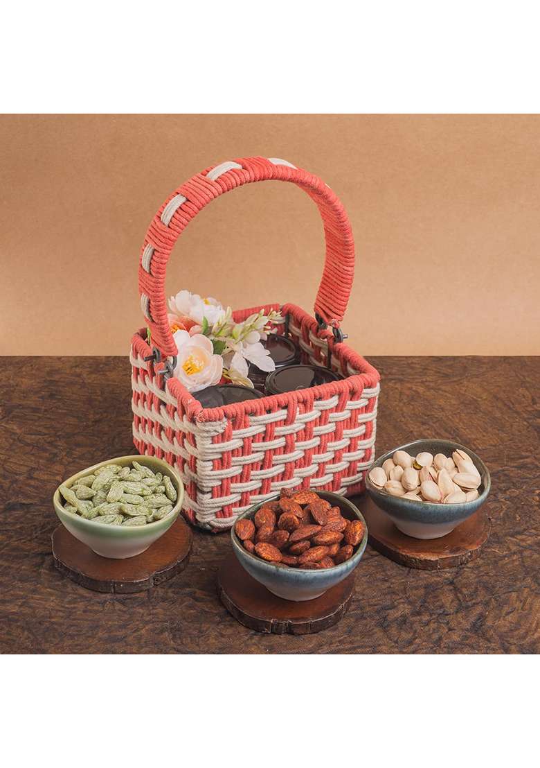 Jaiccha Ghasitaram Gifts Diwali Gift - Pink Woven Basket With Dryfruit Jars|Diwali Hamper|Dry Fruit Combo Pack Offer|Dry Pack|Dry Box|Diwali Dry Box|Mix Nut| - Indya