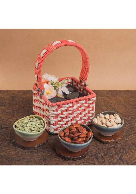 Jaiccha Ghasitaram Gifts Diwali Gift - Pink Woven Basket With Dryfruit Jars|Diwali Hamper|Dry Fruit Combo Pack Offer|Dry Pack|Dry Box|Diwali Dry Box|Mix Nut|