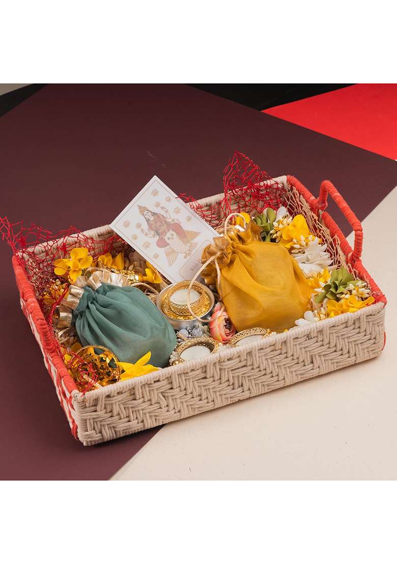 Jaiccha Ghasitaram Gifts Diwali Gift - Rectangle Woven Tray With Toran, T Lights, Wishing Card, Dryfruit, Mithai Pouches|Gift Hamper|Diwali Hamper|Food Hampers|Gourmet Hampers| - Indya