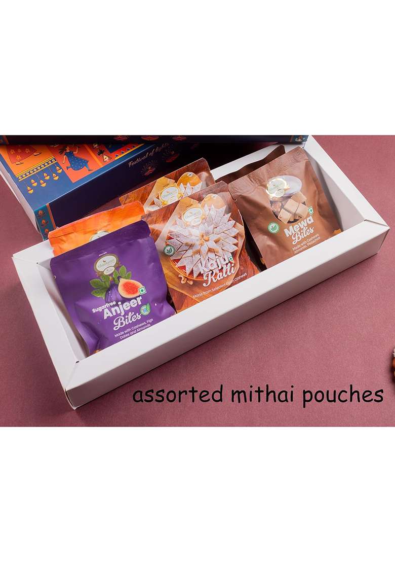 Jaiccha Ghasitaram Gifts Diwali Gift - Rectangle Woven Tray With Toran, T Lights, Wishing Card, Dryfruit, Mithai Pouches|Gift Hamper|Diwali Hamper|Food Hampers|Gourmet Hampers| - Indya