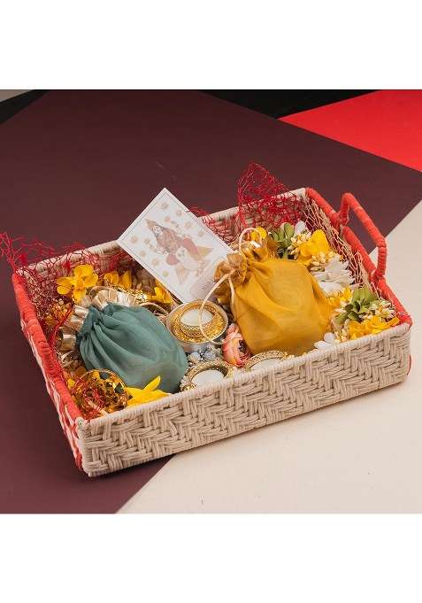 Jaiccha Ghasitaram Gifts Diwali Gift - Rectangle Woven Tray With Toran, T Lights, Wishing Card, Dryfruit, Mithai Pouches|Gift Hamper|Diwali Hamper|Food Hampers|Gourmet Hampers|
