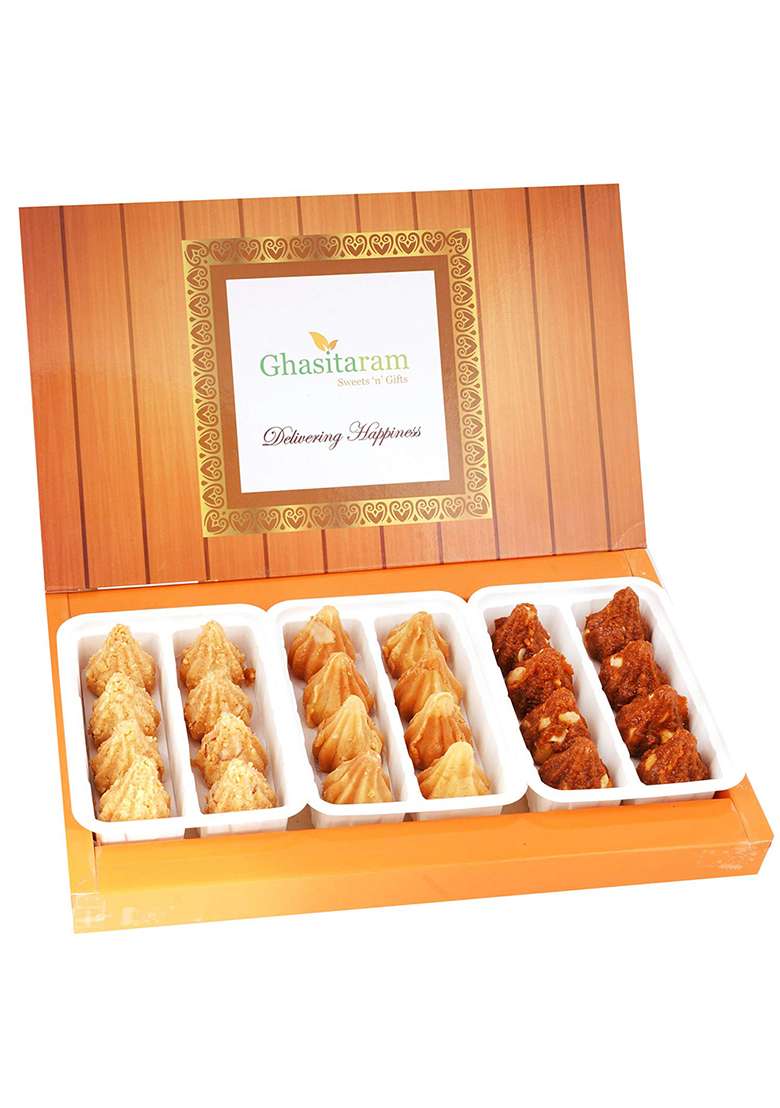 Jaiccha Ghasitaram Gifts Ganesha Chaturthi Assorted Box Of Milk Cake, Dodha Barfi, Mysore Pak Modaks - Indya