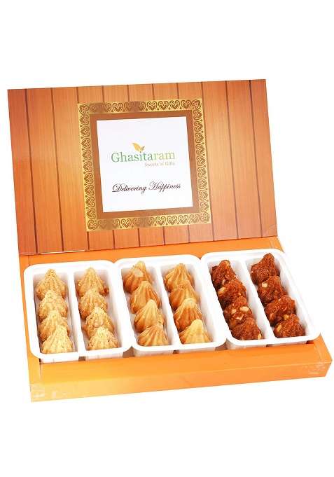 Jaiccha Ghasitaram Gifts Ganesha Chaturthi Assorted Box Of Milk Cake, Dodha Barfi, Mysore Pak Modaks