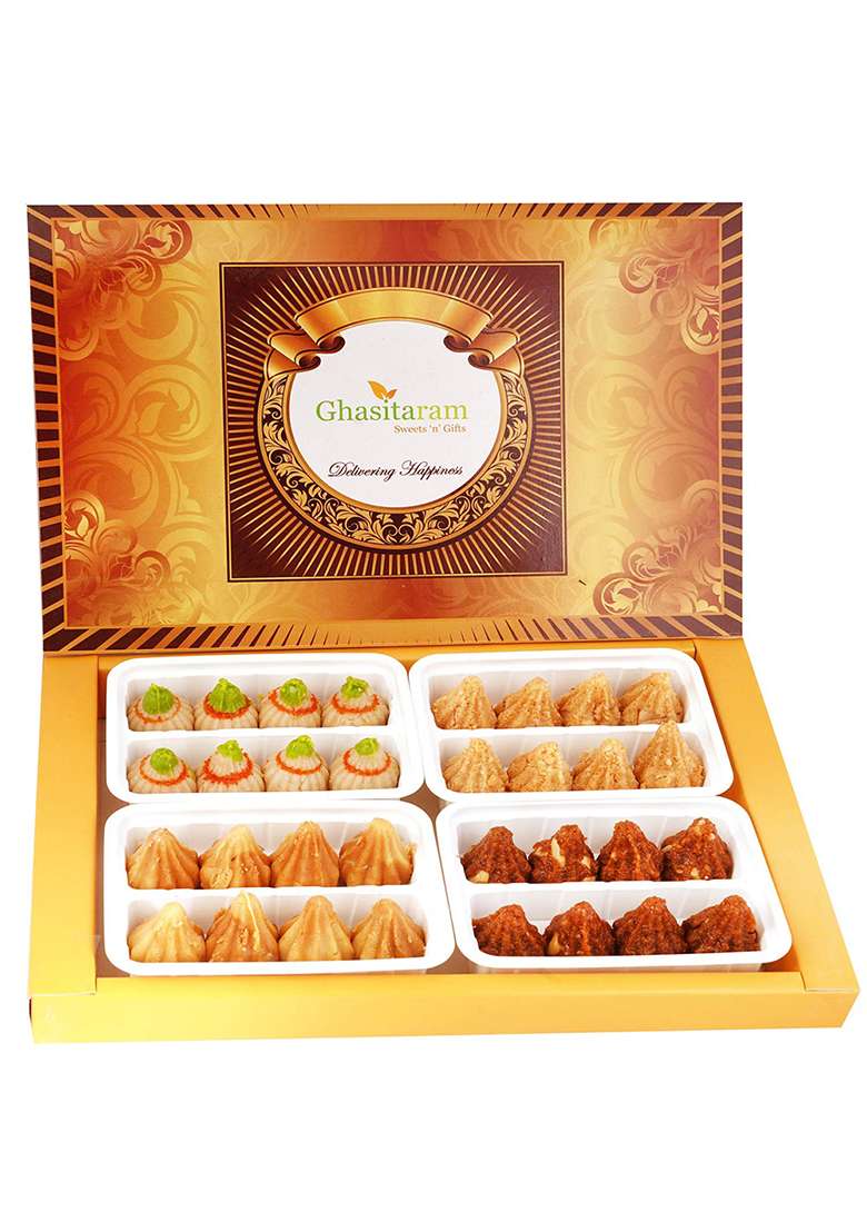 Jaiccha Ghasitaram Gifts Ganesha Chaturthi Big Box Of Kaju, Milk Cake, Mysore Pak And Dodha Barfi Modaks - Indya