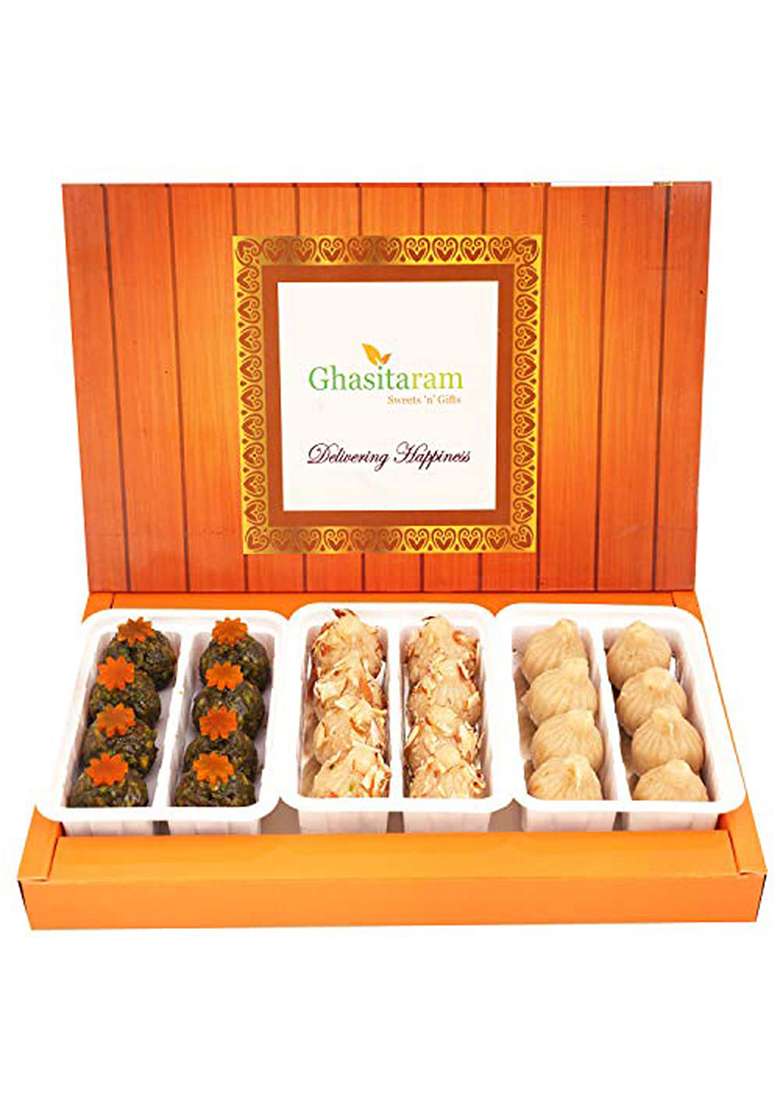 Jaiccha Ghasitaram Gifts Ganesha Chaturthi Pure Kaju Badam Pista Modaks In Orange Box - Indya