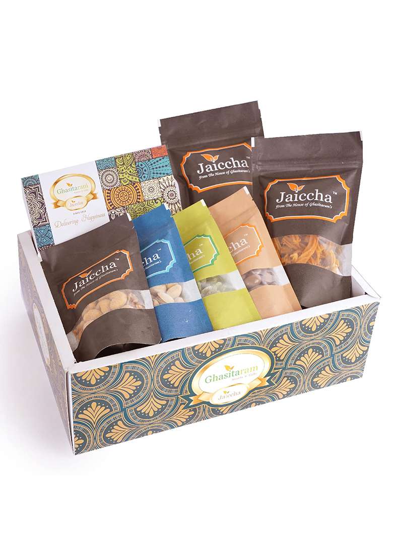 Jaiccha Ghasitaram Gifts Green Hamper Box With Milk Cake|Gift Hamper| Diwali Gift Hamper|Food Hampers|Gourmet Hampers| - Indya