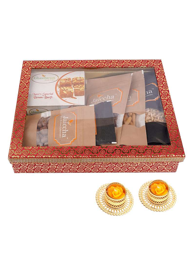 Jaiccha Ghasitaram Gifts Hamper Box 6 Goodies With Besan Barfi 2 T-Lites|Gift Hamper|Diwali Gift Hamper|Food Hampers|Gourmet Hampers| - Indya