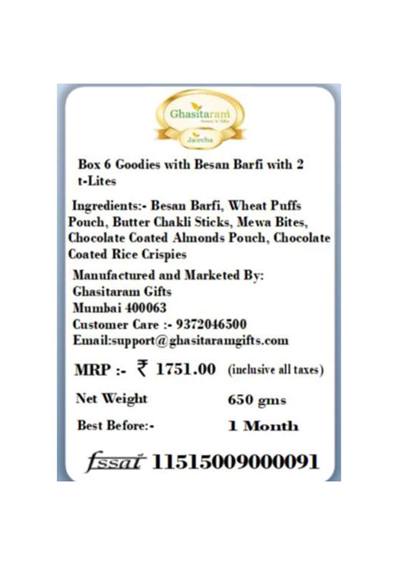 Jaiccha Ghasitaram Gifts Hamper Box 6 Goodies With Besan Barfi 2 T-Lites|Gift Hamper|Diwali Gift Hamper|Food Hampers|Gourmet Hampers| - Indya