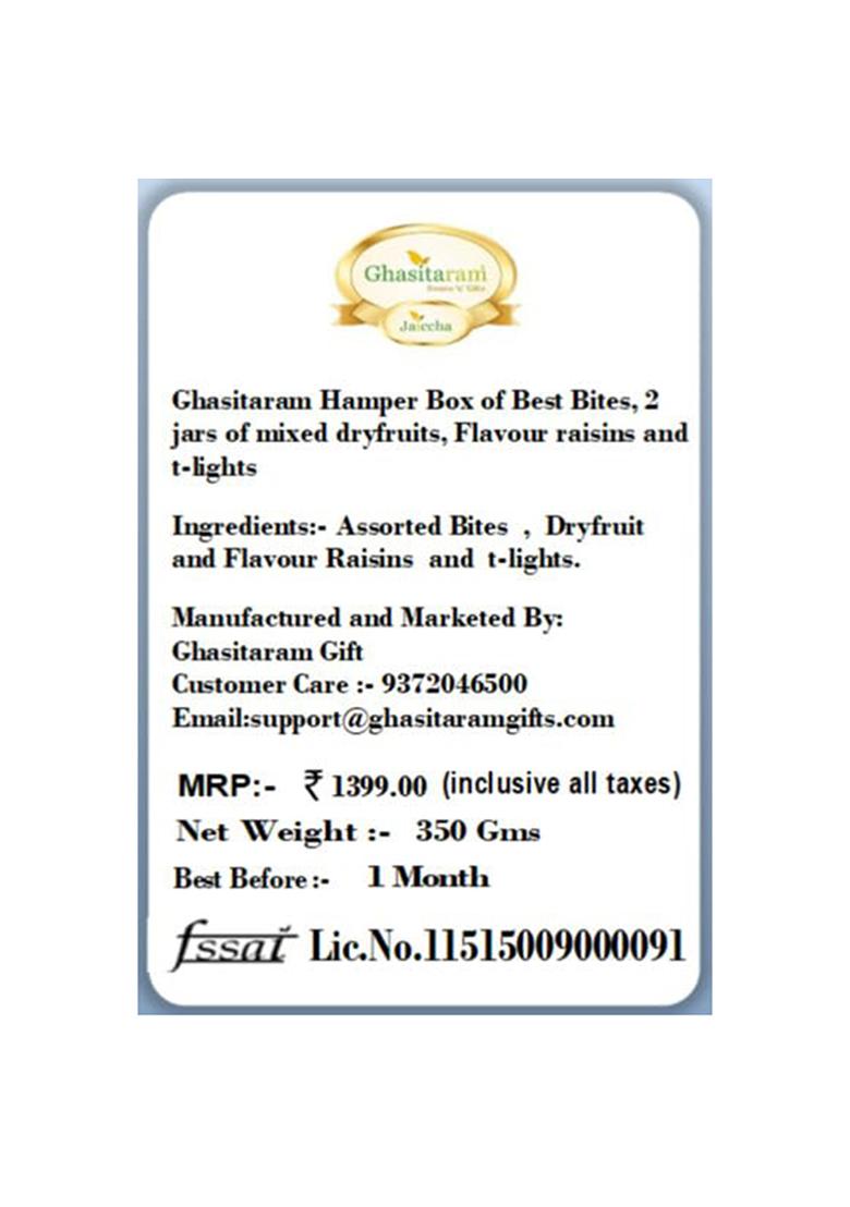 Jaiccha Ghasitaram Gifts Hamper Box Of Best Bites, 2 Jars Mixed Dryfruits,Flavour Raisins And T-Lights|Dryfruit Gift Hamper|Diwali Dry Fruit|Food Hampers|Gourmet Hampers|Dry Fruit|Dryfruit|Dryfruit