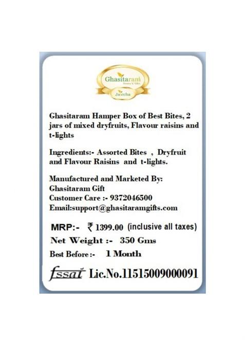 Jaiccha Ghasitaram Gifts Hamper Box Of Best Bites, 2 Jars Mixed Dryfruits,Flavour Raisins And T-Lights|Dryfruit Gift Hamper|Diwali Dry Fruit|Food Hampers|Gourmet Hampers|Dry Fruit|Dryfruit|Dryfruit
