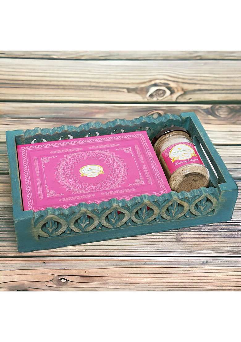 Jaiccha Ghasitaram Gifts Holi Sweets/Holi Hampers/Thandai Blue Wooden Tray Of Gujiyas And Thandai|Gift Hamper| Diwali Gift Hamper|Food Hampers|Gourmet Hampers| - Indya