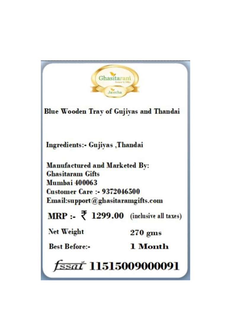 Jaiccha Ghasitaram Gifts Holi Sweets/Holi Hampers/Thandai Blue Wooden Tray Of Gujiyas And Thandai|Gift Hamper| Diwali Gift Hamper|Food Hampers|Gourmet Hampers| - Indya