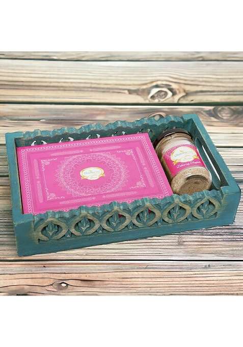 Jaiccha Ghasitaram Gifts Holi Sweets/Holi Hampers/Thandai Blue Wooden Tray Of Gujiyas And Thandai|Gift Hamper| Diwali Gift Hamper|Food Hampers|Gourmet Hampers|