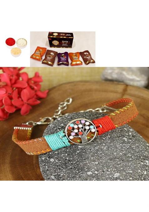 Jaiccha Ghasitaram Gifts Rakhi For Brother Rakhis Online - Prk25-007-Handmade Woven Leather Band Tree Of Life Bracelet Premium With Asorted Bites Box