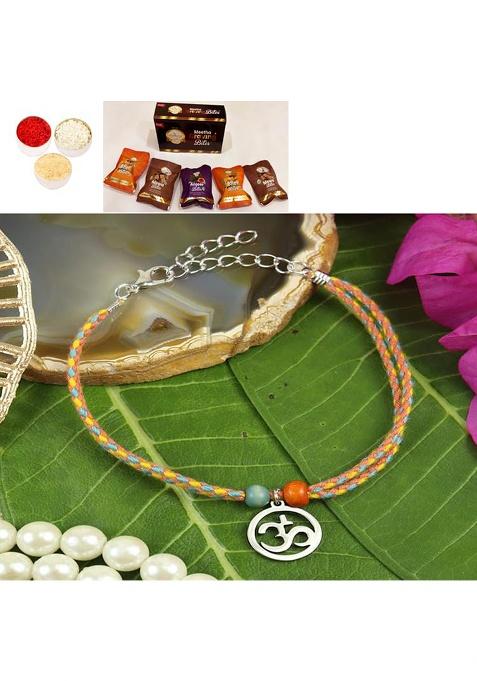 Jaiccha Ghasitaram Gifts Rakhi For Brother Rakhis Online - Prk25-021-Stainless Steel Om Bracelet Premium With Asorted Bites Box