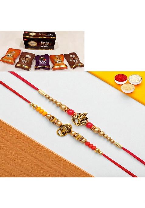 Jaiccha Ghasitaram Gifts Rakhi For Brother Rakhis Online - Set Of 2 Y26 And Y58 Om Ganesh Divine With Asorted Bites Box
