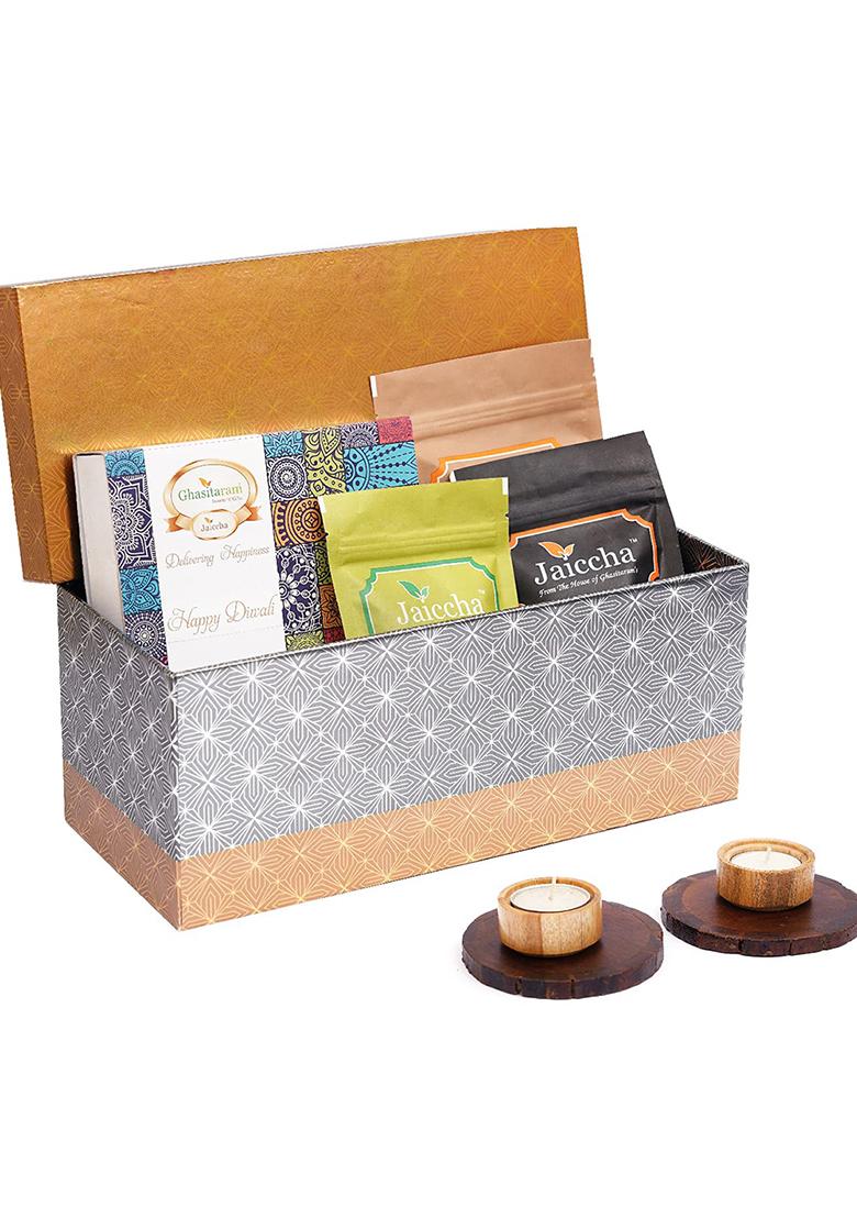 Jaiccha Ghasitaram Gifts Rectangle Box Of Butter Chakli Sticks,Choco Butterscotch,Crunchy Cashews, Sugarfree Bites Box, Coasters & T-Lites|Gift Hamper|Diwali Gift Hamper|Food Hampers|Gourmet Hampers|